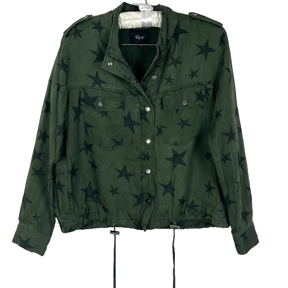 Rails Jacket Women's Size M Collins Sage Green Black Stars Linen Tencel Military